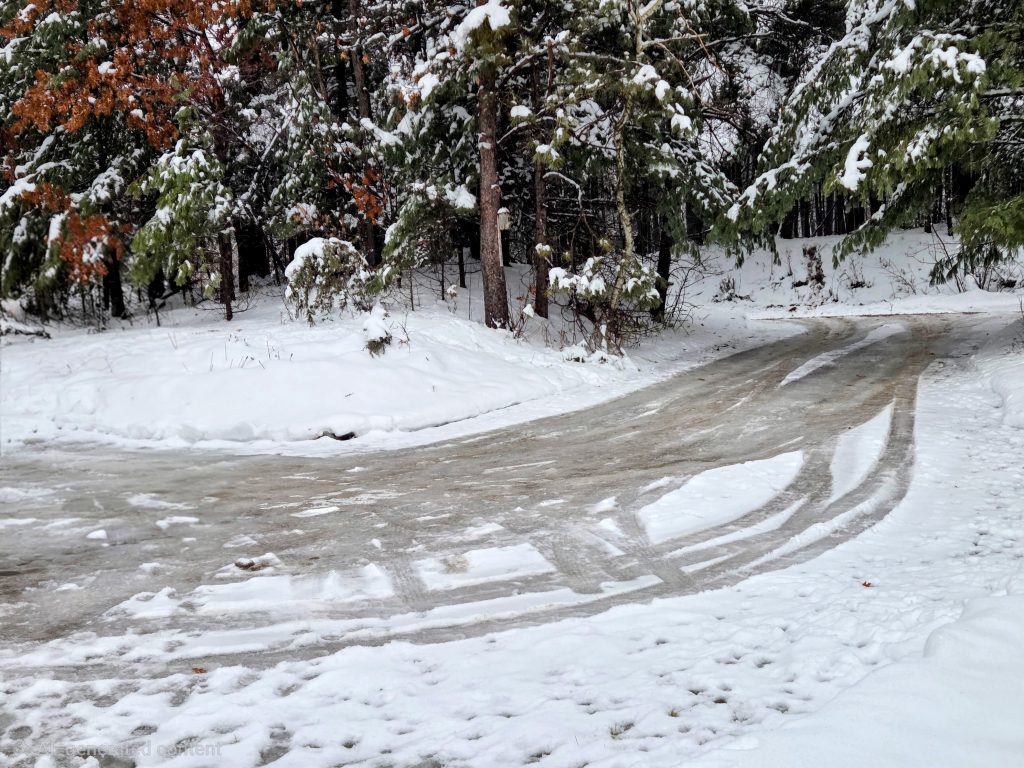 A wide, winding driveway covered in a thick, dangerous sheet of ice surrounded by snow-covered pine and deciduous trees in a winter forest setting.